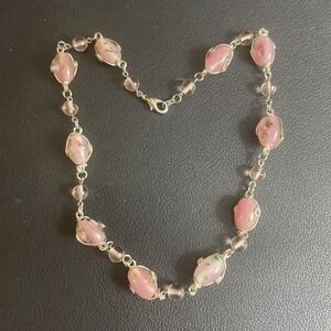 Pink Glass Beaded Necklace 14" Floral Women Jewelry Bead Silver Tone